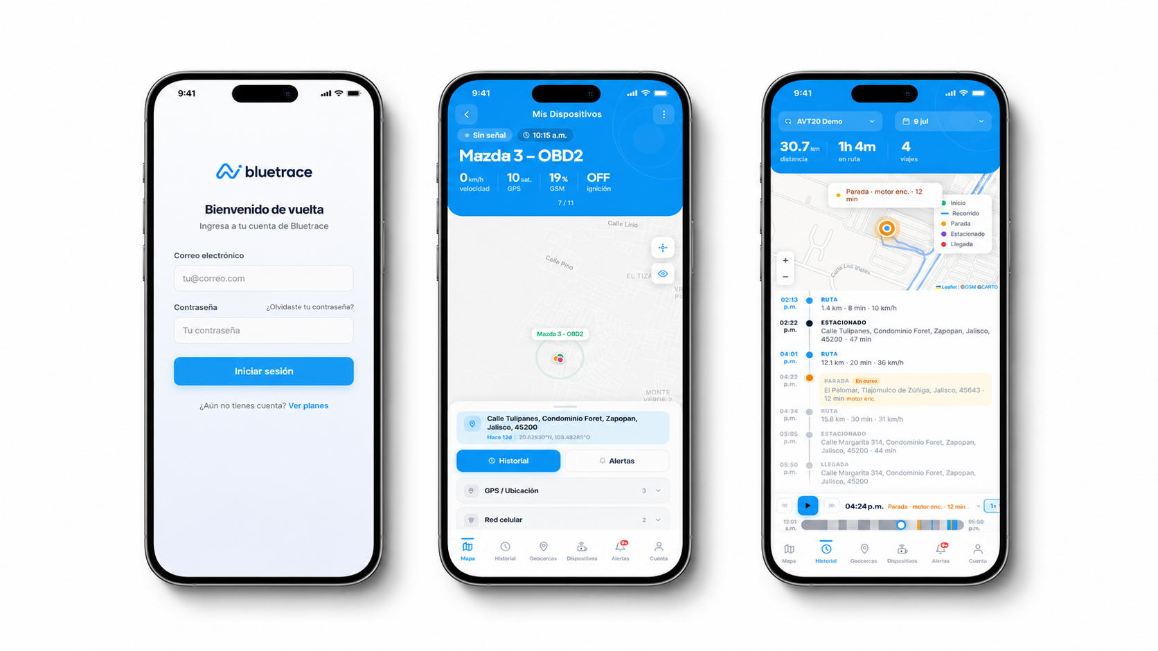 Plataforma Bluetrace: inicio de sesión, ubicación de vehículo en mapa e historial de rutas