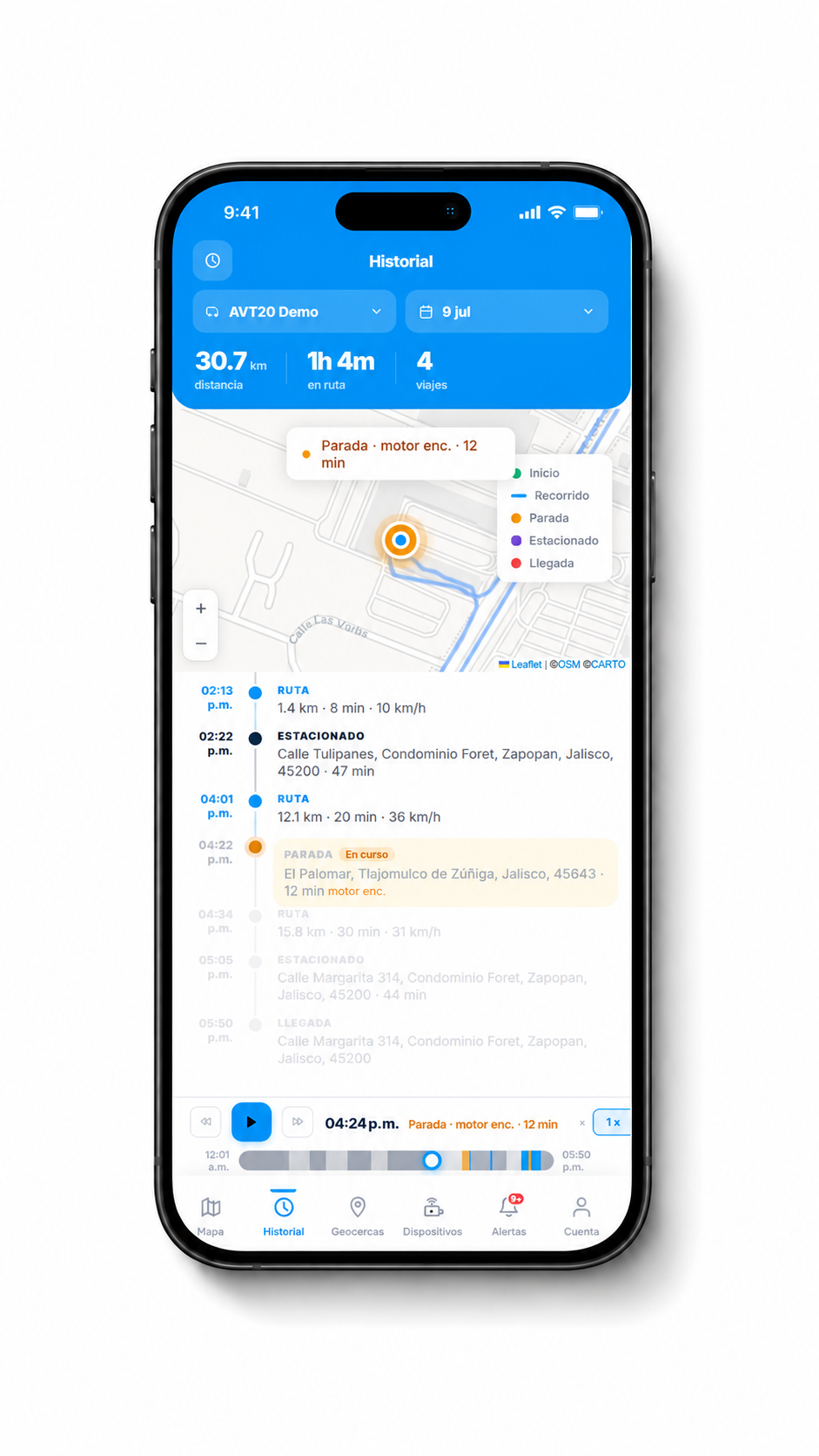 Historial de rutas de un vehículo en Bluetrace